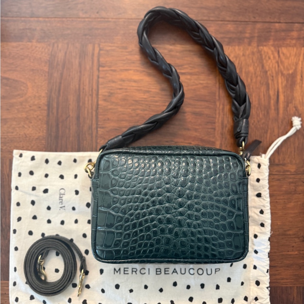 CLARE V. Midi Sac in Embossed Croc + Braided Leather Shoulder Strap